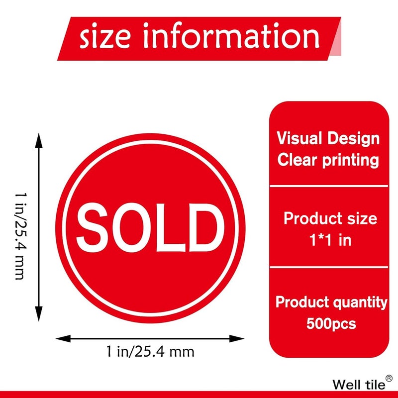 Well Tile Red Small Sold Stickers Dot 1" Round Sold Point of Sale Price Pricing Inventory Control Labels for Retail Store Yard Sale 500/Roll - Image 3